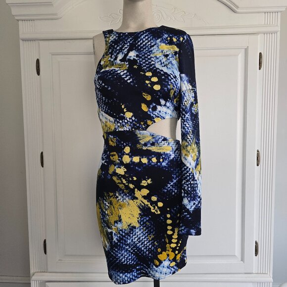 Vintage NWT ASOS Asymmetrical Navy Print Cut Out Dress, Size 2 - Picture 1 of 10